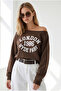 Women's Brown Boat Neck Printed Modal Buttoned Slim Sweatshirt Swt-19000799 - 5