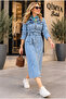 Levure Women's Long Sleeve Belted Long Length Denim Dress