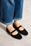 Black Women's Stoned Ankle Strap Wedge Heeled Stylish Daily Ballerina Shoes - 3