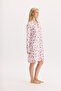 Cotton Fabric Long Sleeve Front Buttoned Patterned Nightgown 27601 - 4