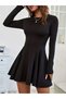 Women's Black Crew Neck Long Sleeve Flared Skirted Waist-Fitted Diver Fabric Mini Dress - 2
