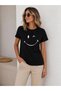 Women's Black Smiley Face Smiley Printed Crew Neck Short Sleeve Cotton T-Shirt T-Shirt - 4