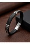 Men's Steel Bracelet with Black Leather Chain Detail and Lock, 20 cm - 3