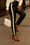 Women's High Waist Elastic Side Striped Detail Leather Trousers - 5