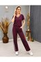 Women's Short Sleeve V-Neck Viscose Two Thread Blouse and Trousers Two-Piece Set - 4