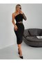 Women's Black One Sleeve Lace Detail Low Shoulder Neckline Crepe Dress - 7