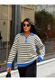 Women's Blue Zippered Striped Polo Collar Premium Knitwear Sweater - 7