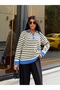 Women's Blue Zippered Striped Polo Collar Premium Knitwear Sweater - 4