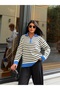 Women's Blue Zippered Striped Polo Collar Premium Knitwear Sweater
