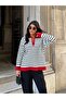 Women's Red Zippered Striped Polo Collar Knit Sweater