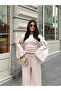 Women's Beige Spanish Sleeve Blouse Pants Bottom Top Set - 5