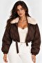 Women's Brown Plaid Fur Collar Belt Detailed Crop Coat