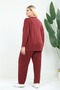 Women's Knitwear Blouse Trousers 95% Cotton Seasonal Two-Piece Mother Set Special Set Plus Size - Washable Size 44 50 Compatible Embroidery and Stone Detail Textured Burgundy - 3