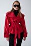 Oversized Short Trench Coat with Stand Collar and Epaulet Detail Red 6934