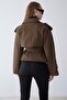 Oversized Short Trench Coat with Stand Collar and Epaulet Detail Brown 6934 - 7
