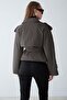 Oversized Short Trench Coat with Stand Collar and Epaulet Detail Anthracite 6934 - 8