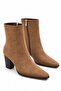 Women's Tan Suede Thick Heeled Pointed Toe Zippered Boots