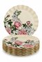 Set of 6 26 cm Glass Serving Plates with Real Gold Gilded Edges, Pink Rose Patterned Wavy Cake and Dessert Presentation Plate