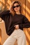 Brown Cotton Three-Thread Ribbed Oversize Casual Crew Neck Long Sweatshirt - 4