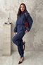 Women's Navy Blue Striped Viscose Blended Jacket and Trousers Two-Piece Set
