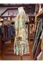 Green Color Leaf Patterned Silk Short Skirt Blouse Set with Gold Detail - 7