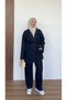 Women's Jacket with Pocket Details, Oversize, Belted, V-Neck, Top Button Closure, Pants, Denim Suit - 5