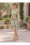 Green Color Leaf Patterned Silk Short Skirt Blouse Set with Gold Detail - 4