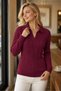 Women's Polo V-Neck Long Sleeve Low-Cut Hair Braided Ribbed Special Design Burgundy Knitwear Sweater - 2