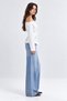 White Boat Neck Long Sleeve Tshirt with Pleated Detail at the Waist