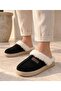 Women's Black Suede Fur Lined Thick Sole Winter Slippers 2810