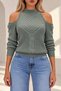 Women's Turtleneck Long Sleeve Off Shoulder Hair Braided Mint Knitwear Sweater - 3