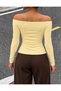 Women's Boat Neck Long Sleeve Side Gathered Asymmetrical Blouse - 2