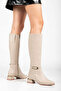 Women's Beige Leather Gold Buckle Zippered Low Heel Below the Knee Boots Heel 4 cm Calf 40 cm