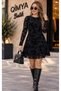 Buketli̇ Women's Velvet Flock Printed Drawstring Detailed Transparent Long Sleeve Short Dress - 5