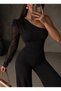 One-Shoulder Transparent Sleeves Wide Leg Women's Jumpsuit - 2