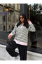 Women's Polo Collar Zippered Striped Knit Sweater - 6