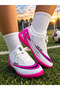 Boy's Carpet Field Soccer Cleats Soccer Sneakers with Socks (White-Pink) - 5