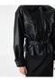 Long Sleeve Shirt Collar Buttoned Pocket Belted Cropped Faux Leather Jacket - 4