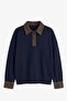 Navy Blue Sweater with Denim Detail on the Collar and Sleeves