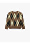 Loose Fit Crew Neck Long Sleeve Argyle Patterned Knit Sweater - 3