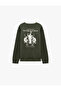 Three Threaded Ribbed Comfortable Fit Crew Neck Long Sleeve Sweatshirt with Printed Back - 2