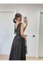 Women's Black Sleeveless Crew Neck Shirred Low Waist Flared Skirt Poplin Maxi Dress - 4