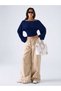 Metal Detailed Boat Neck Draped Long Sleeve Crop Blouse - 3