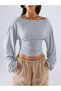 Metal Detailed Boat Neck Draped Long Sleeve Crop Blouse