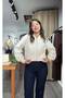 Ecru Zippered Lace Patterned Bomber Knitwear Cardigan - 2