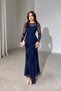 Women's Navy Blue Glittery Floral Embroidered Transparent Detailed Belted Front Maxi Long Sleeve Tulle Dress
