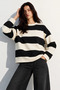 Women's Black Cream Thick Striped Crew Neck Oversize Sweatshirt - 2