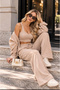 Women's Beige Knitted 3-Piece Set: Shirt, Strap Bustier, and Wide-Leg Pants Set - 3