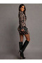 Women's long sleeve crew neck ruched patterned short modal dress - 3