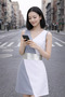 Women's Double Breasted Collar Sleeveless Geometric Patterned Waist Detailed Above Knee Stylish Casual Gray Dress - 6